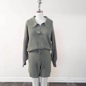 NEW Pink Rose Knit Polo Sweater Short Set Willow Green L leisure fall spring